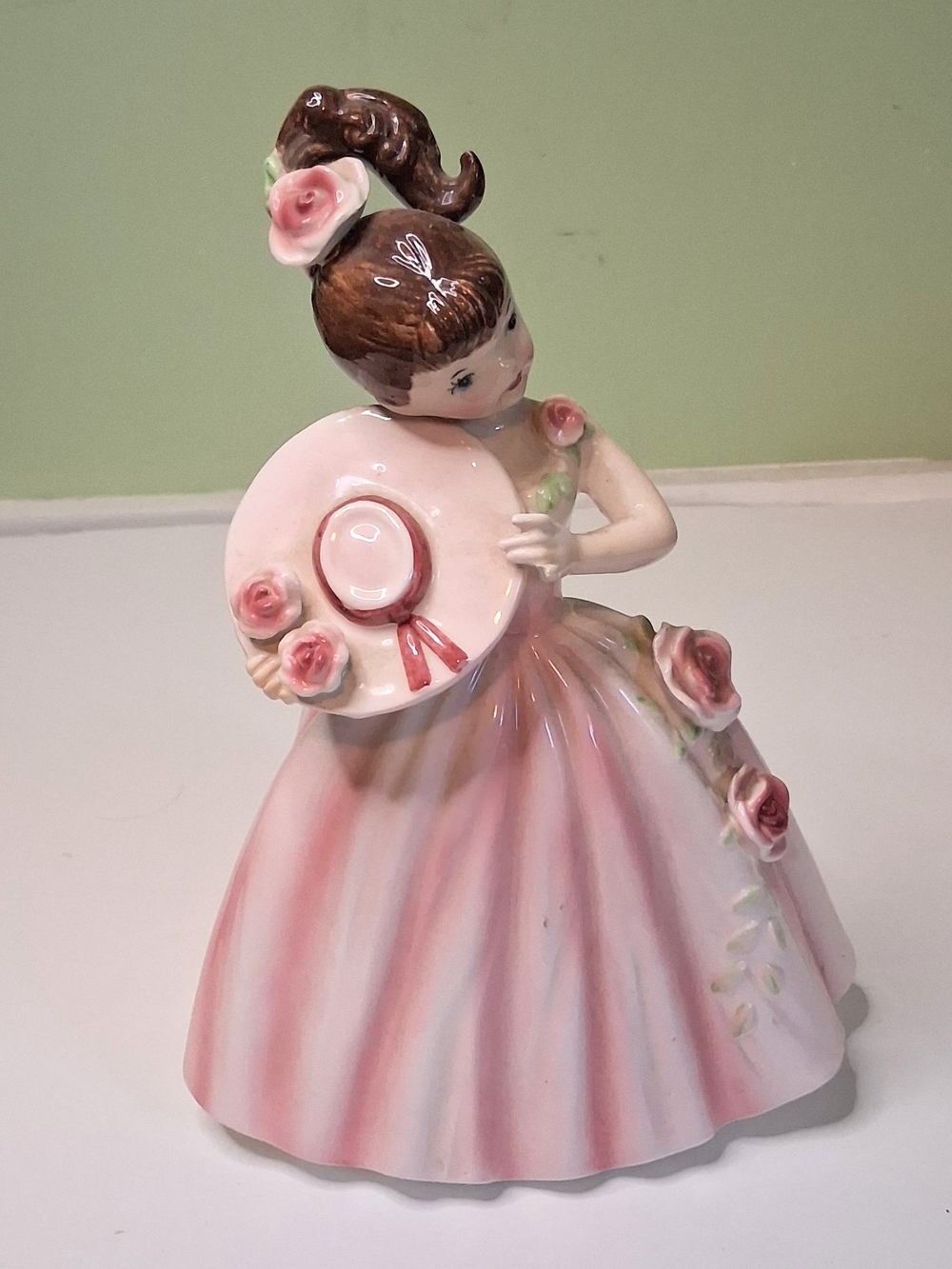 Vintage Porcelain Lady Planter Figurine Holding Hat Pink Roses Mid Century Style